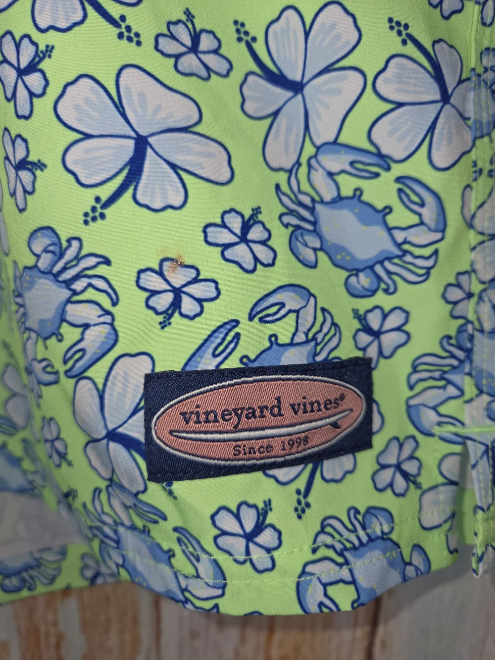 Vineyard Vines Lime Green & Blue Crab Floral Swim Trunks. Plus Size
